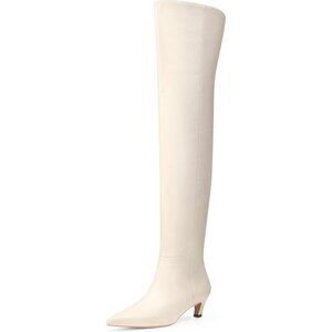 Women White Polyurethane Over the Knee Square Toe Block Heel Long Zipper Boots
